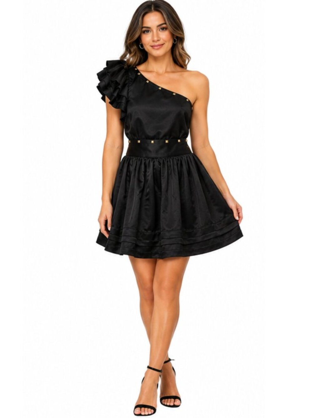 Justify Black Satin One Shoulder Ruffle Studded Party Dress Size Medium